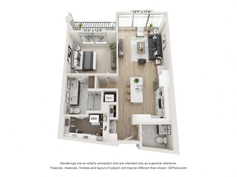 Floor plan for 1 bed, 1.5 baths, 934 sqft